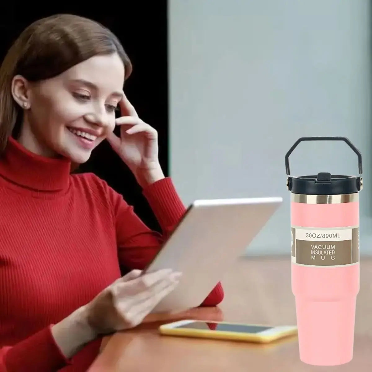 Termo de 30 oz con agarradera Vaso térmico de acero inoxidable de doble capa.